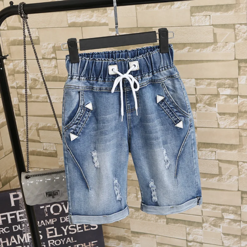 Celana pendek Jeans pendek katun wanita gemuk MM musim panas 2021 celana pendek Denim pelajar wanita ukuran besar celana pendek Harem kaki lebar lima titik baru