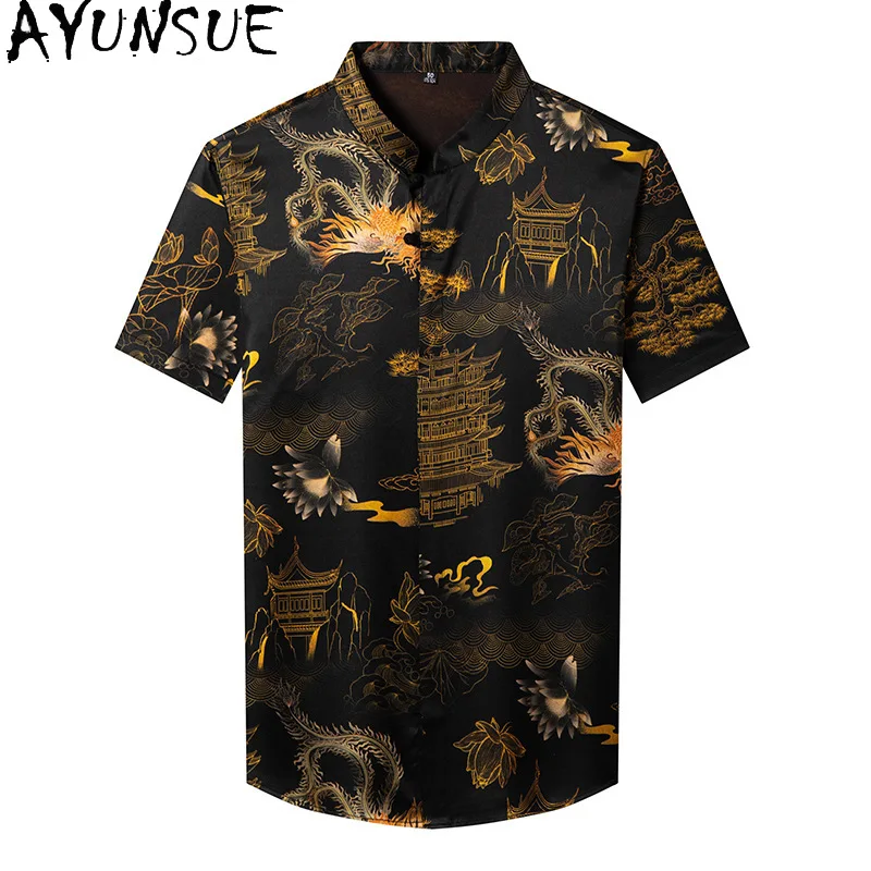 AYUNSUE 90% Mulberry Silk Shirt for Man Quality Fashion Jacquard Gauze Silk Tops Summer Short-sleeved Mens Shirts Outfit рубашка