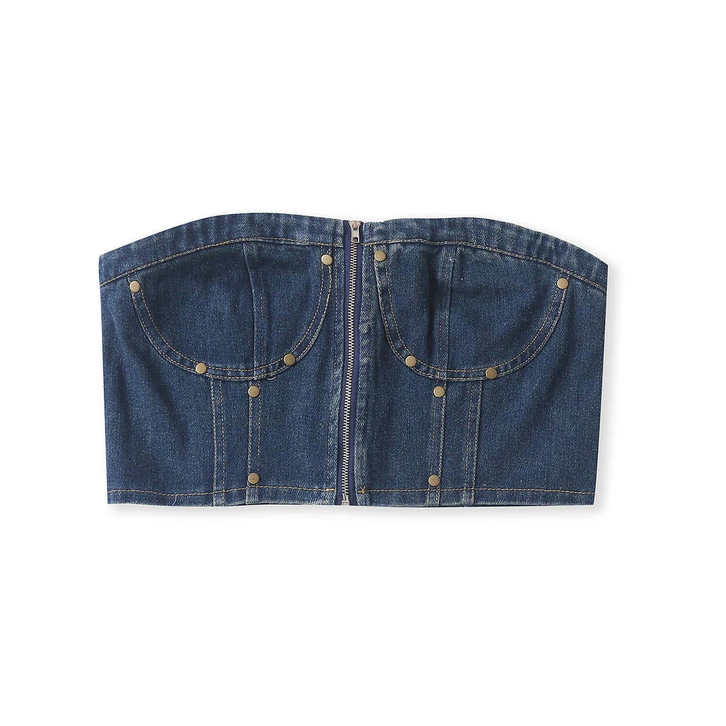 Slim Fit Denim Hot Girl Outfit Summer New Style Women's Versatile Design Shoulder Bared Zipper Tube Top Rivet Detail 20090