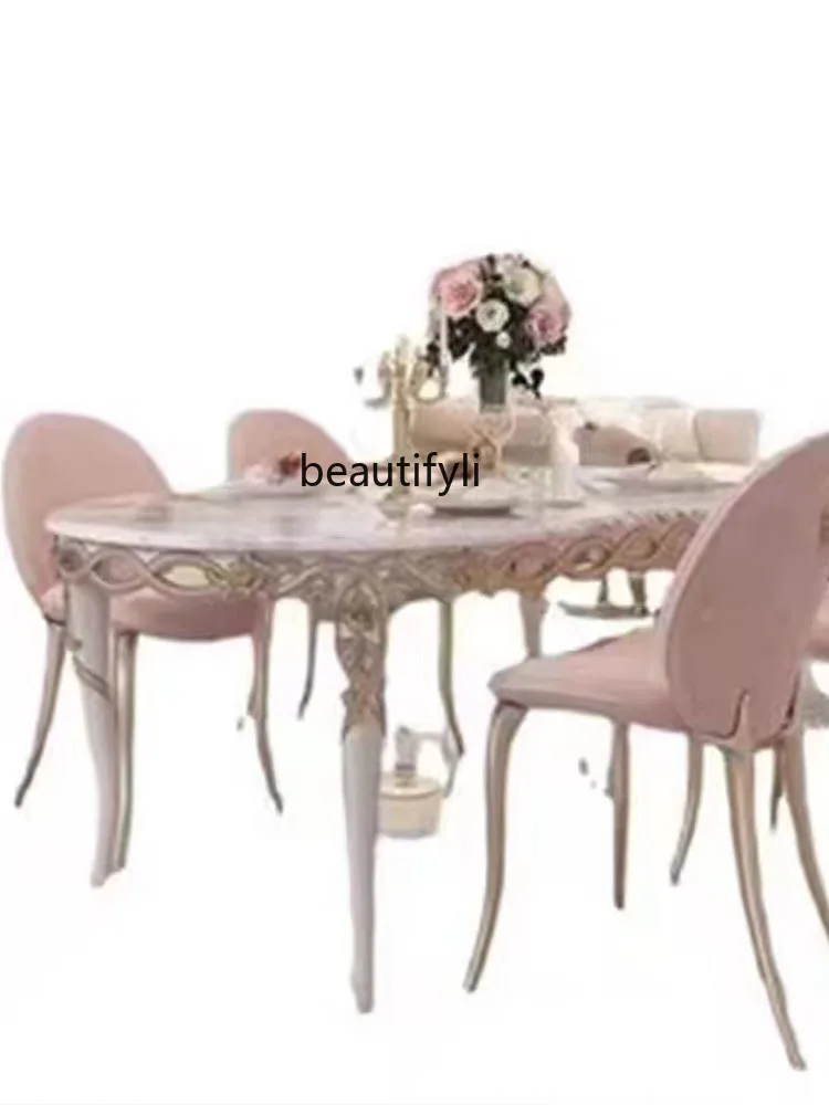 

French Luxury Solid Wood Carved Dining Table and Chair European Romantic Princess Style Oval Ribbon Dining Table Combination