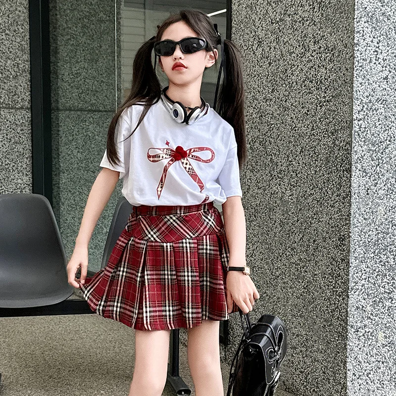 2024 summer junior kids girls skirt clothes sets cotton Color printed bow t-shirt+plaid skirt 2pcs teen kids suit child outfits