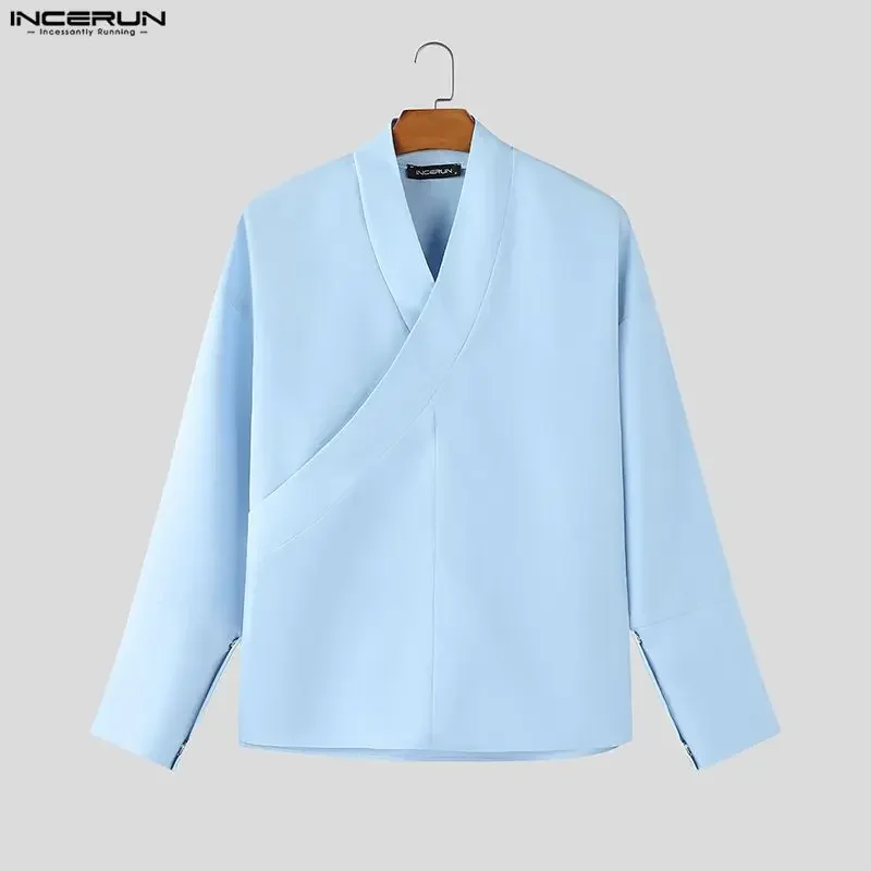 INCERUN 2026 Men Shirt Solid Color V Neck Long Sleeve Casual Men Clothing Streetwear Spring Loose Fashion Tops Male Shirts S-5XL