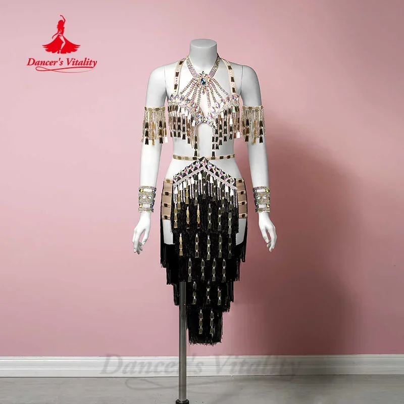 

Belly Dancing Set for Women's Customized Luxury Diamond Bra+Sexy Tassel Split Skirt 2pcs Oriental Dance Performance Costume