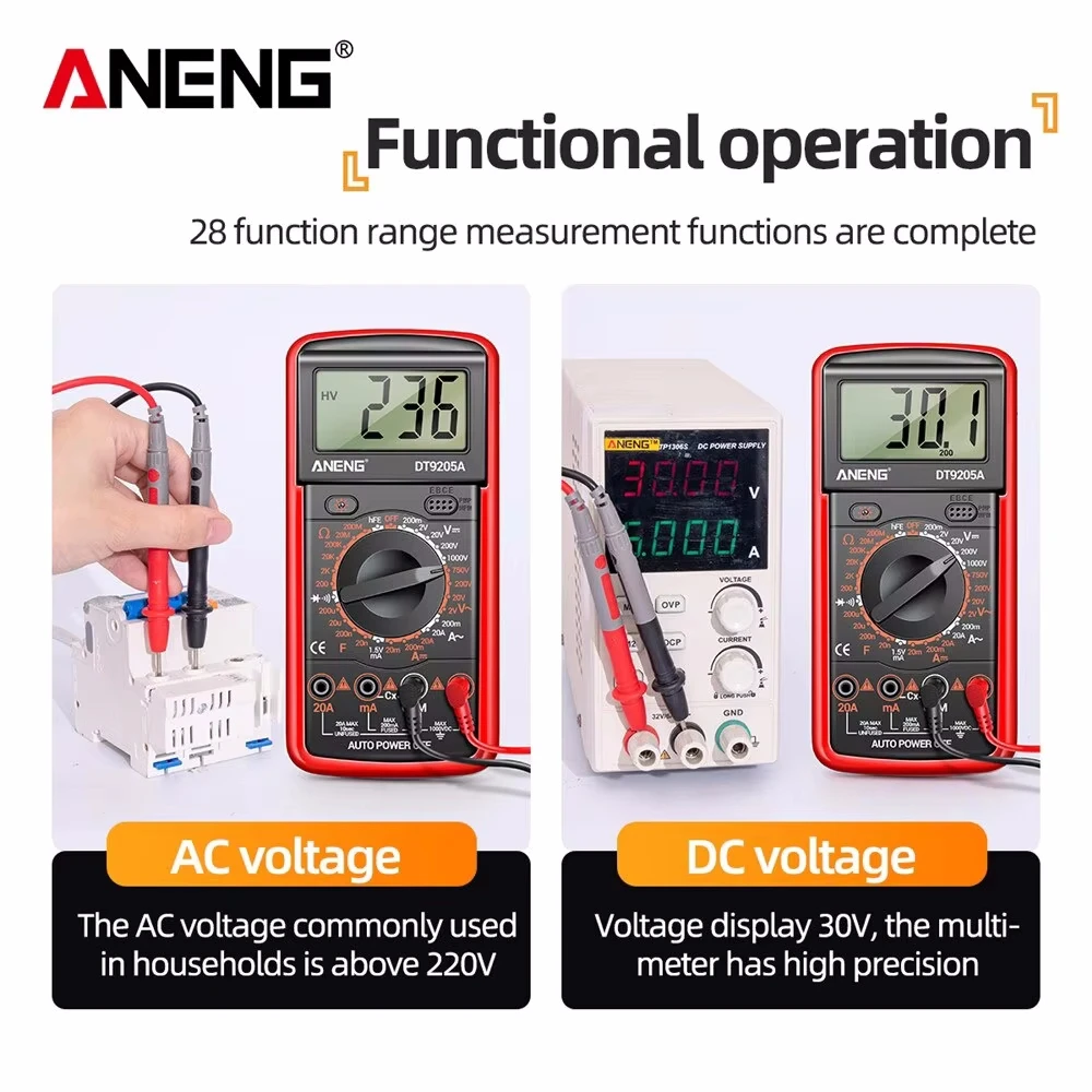 Newly ANENG DT9205A Digital True RMS Professional Multimeter AC/DC Current Tester hFE Ohm Capacitor Voltage Meter Detector Tool