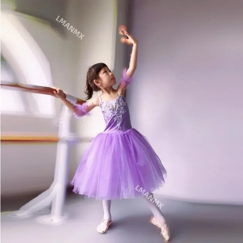 Tutu di balletto bianco rosa giallo senza maniche in pizzo professionale per bambini bambino lungo balletto danza tutù romantico per ragazze vestito da ballerina