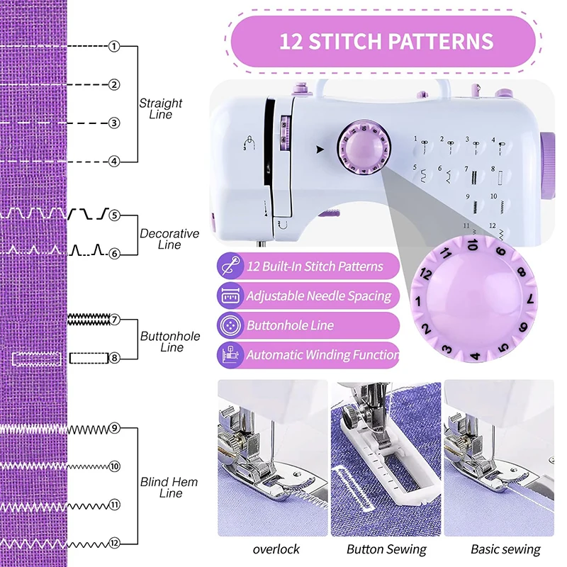 Portable Sewing Machine Mini Electric Household Crafting Mending Overlock 12 Stitches Pedal Beginners With Presser Foot