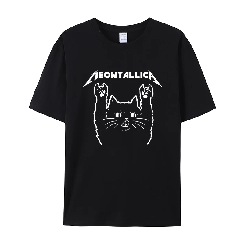 Meowtallica Cat Cartoon Print T-shirt Summer Cotton Round Neck Pullover Men's and Women's Short Sleeves Cotton Children Size