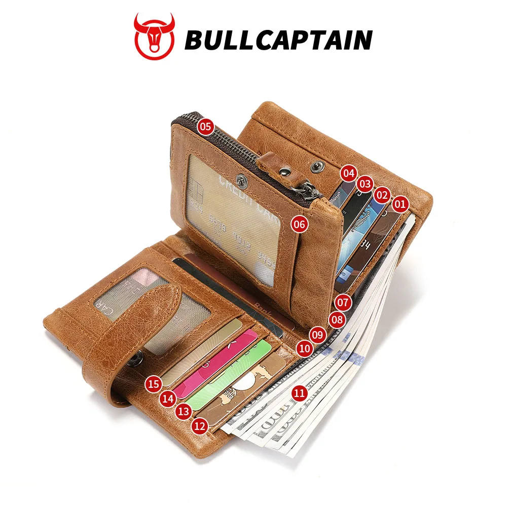 BULLCAPTAIN Genuine Leather Men's Wallet RFID Blocking Vintage Bifold Short Purse Cowhide Credit Card Holder with Coin Pocket - view 3