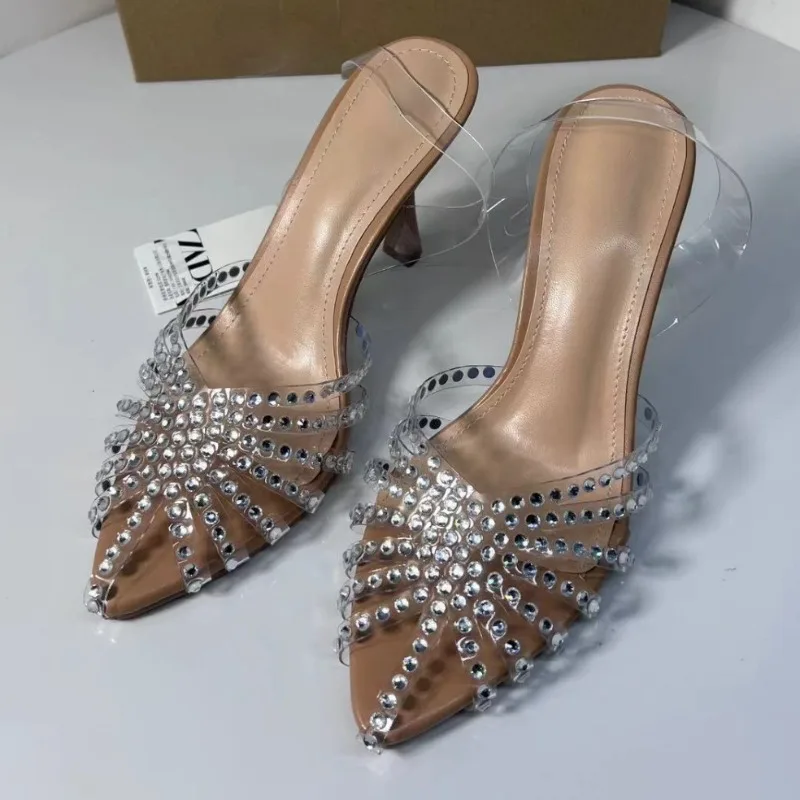 Summer Women\'s Shoes Transparent PVC Bling Diamond High Heels Ladies Sandals for Wedding Thin Belt Hollow Out Design Slingbacks