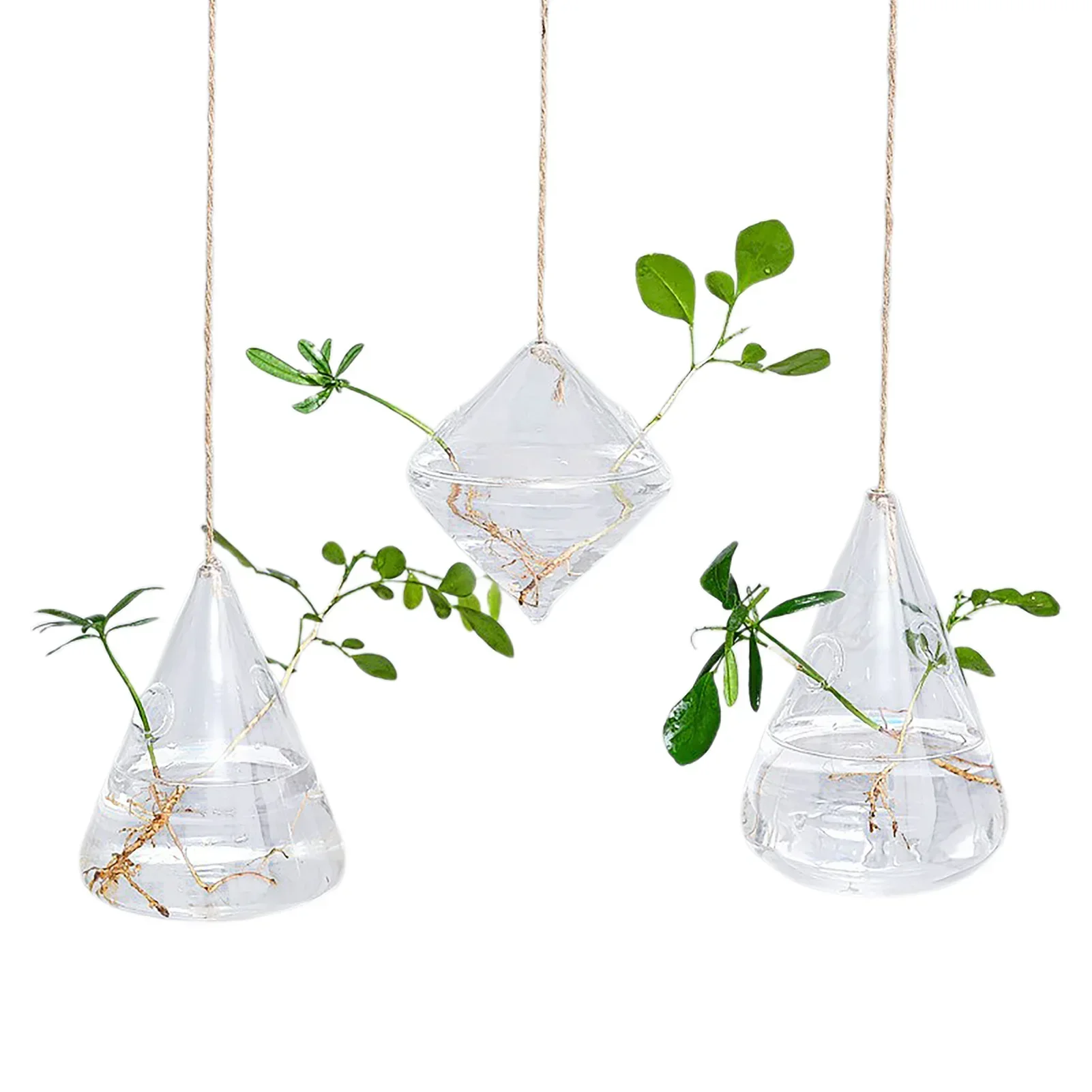 

3Pcs Hanging Hydroponic Vase Set, Geometric Glass Wall-Mounted Containers with Adjustable Ropes, Transparent Corrosion-Resistant