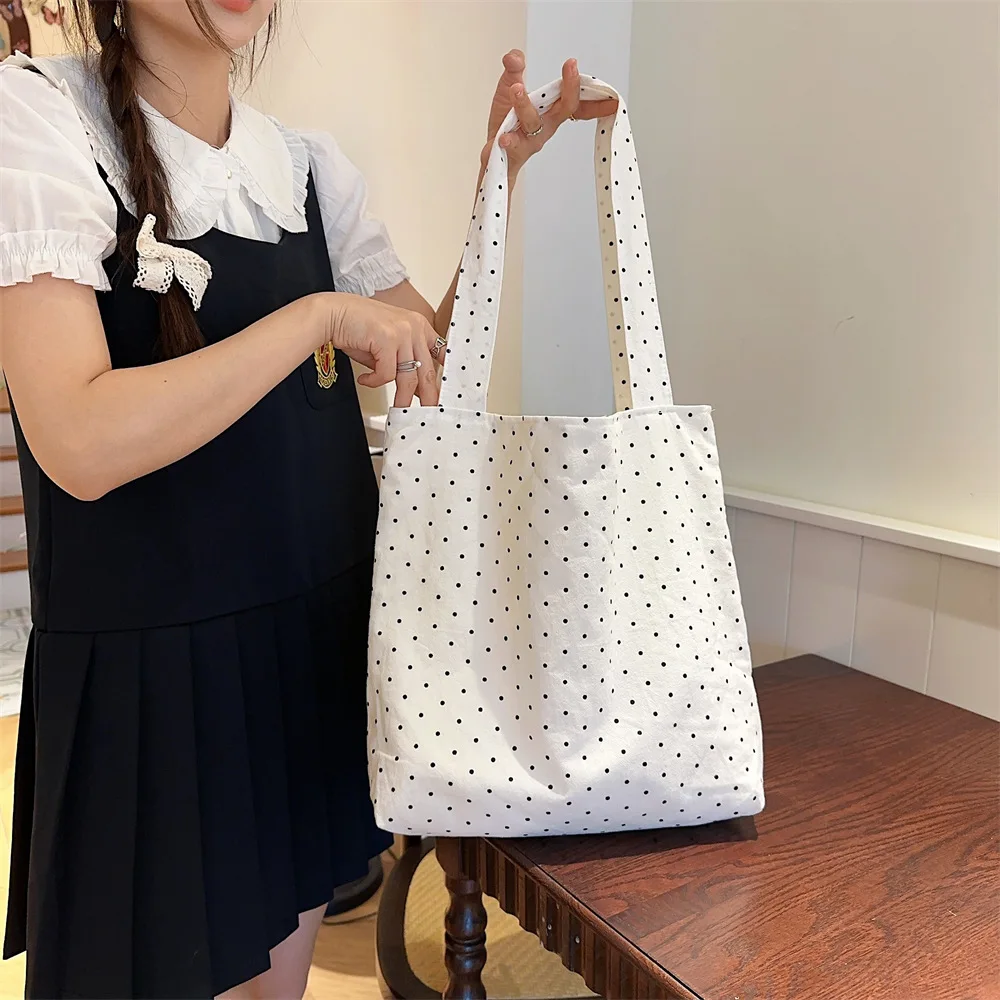 Vintage Polka Dot Women\'s Canvas Shoulder Bag Large Capacity Female Messenger Bags College Girls Book Tote Commuter Handbags