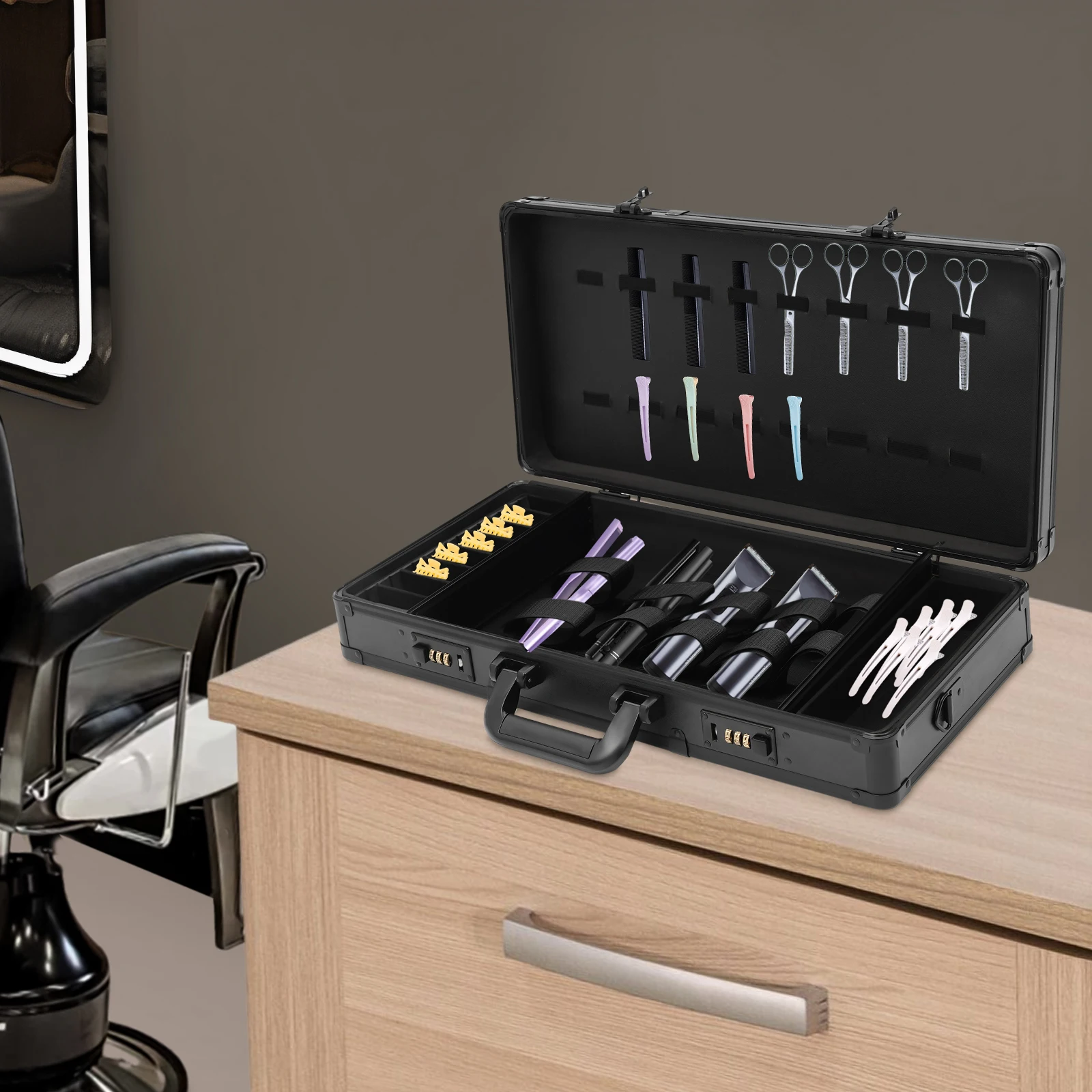 Large Barber Carrying Case with Code Lock, Hairdresser Tool Box Organizer Traveling Case, Portable Travel Barber Suitcase