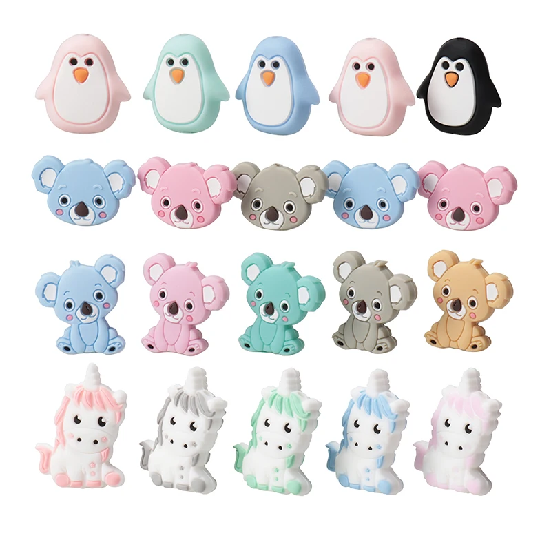 10pcs Silicone Beads  For Pacifiers Silicone Baby Teething Beads Pacifier String Beads Bulk Koala Unicorn Bear Raccoon Bulldog