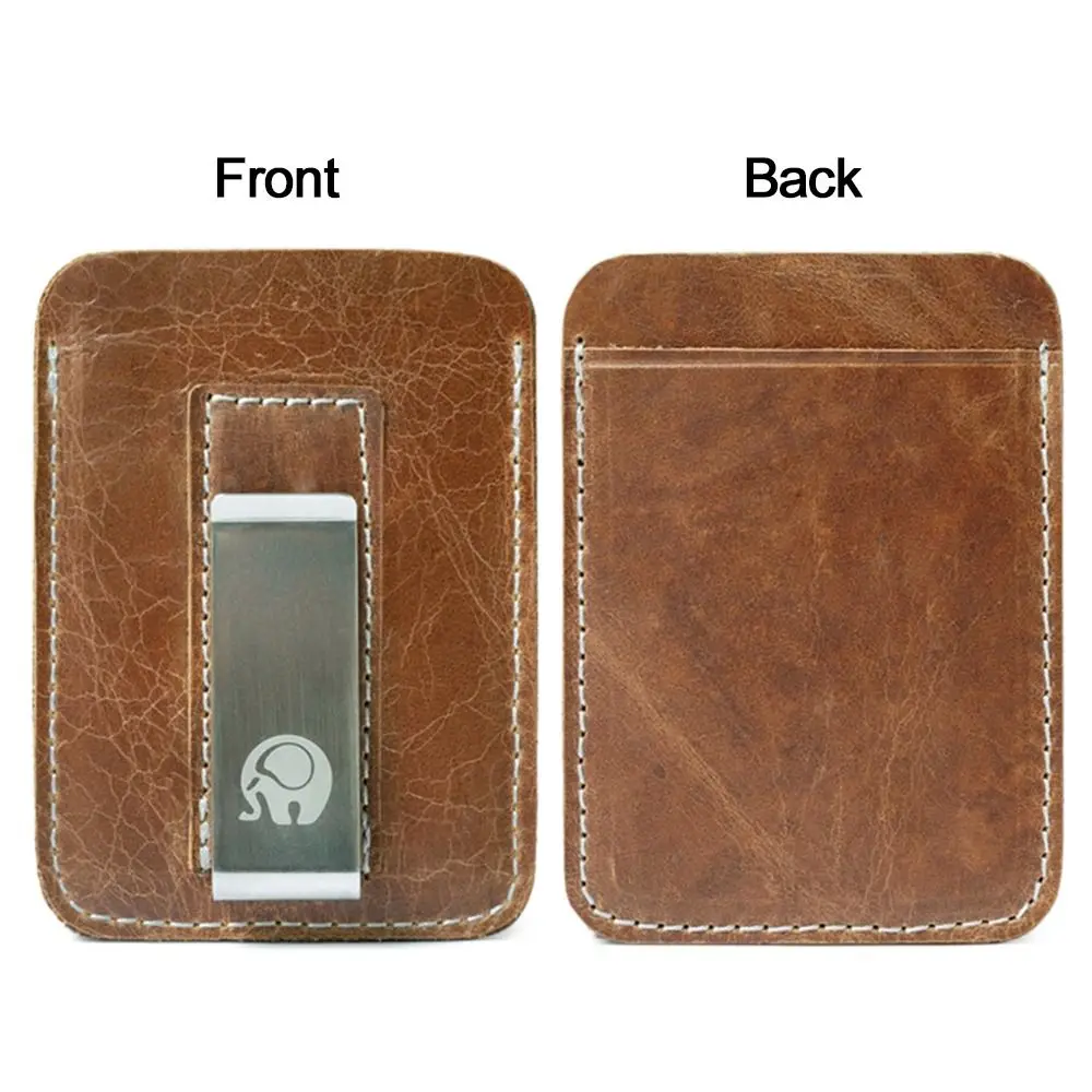 Men Credit Card Slot Slim Bills Metal Cash Clamp Thin Genuine Leather Money Clip Mini Wallet for Man Small Billfold Holder image 3