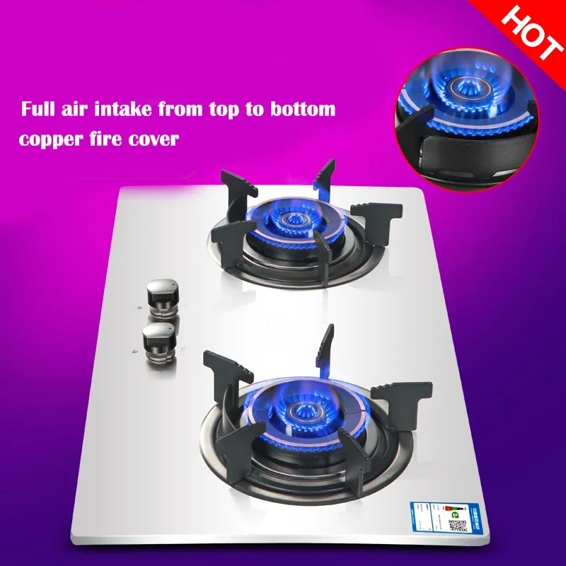 Household 220v Table Embedded Dual-Purpose Dual-Hole Natural Gas Liquefied Gas Stove Household Thickened Stainless Steel Brushed
