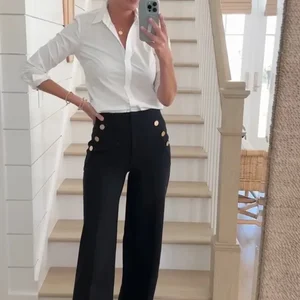 Female suit with high waist button wide stretch, simple elastic pocket, chic straight pants, tailored pants 8 Main Sales Women's Tailoring Pants - №3