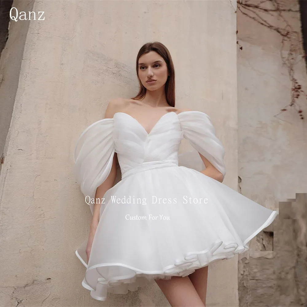 

Qanz Simple New Wedding Party Dress Off the Shoulder White Tulle Bride Gowns Short Lace Up Back Vestidos De Fiesta Customized