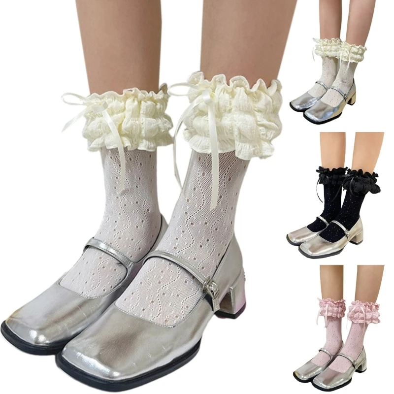 Women Japanese Ribbon Bowknot Bubble Frilly Socks Hollowed Lace Socks Dropship