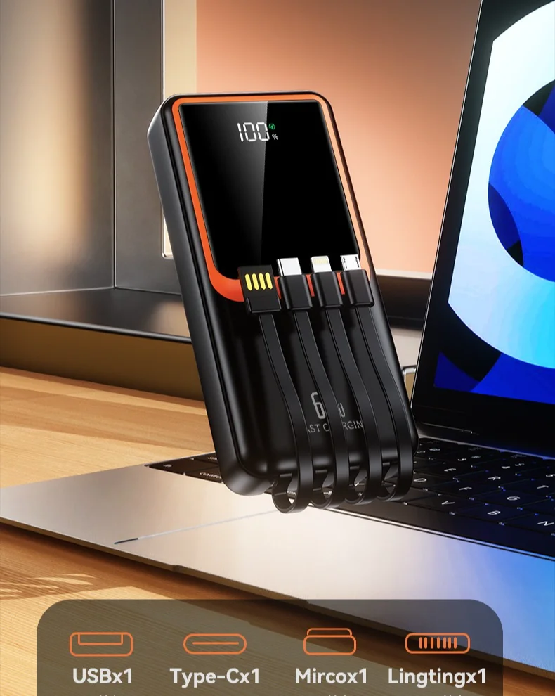 10000 мАч, 22,5 Вт, сверхбыстрая зарядка, внешний аккумулятор со встроенными кабелями — портативное зарядное устройство для IPhone, двойной выход