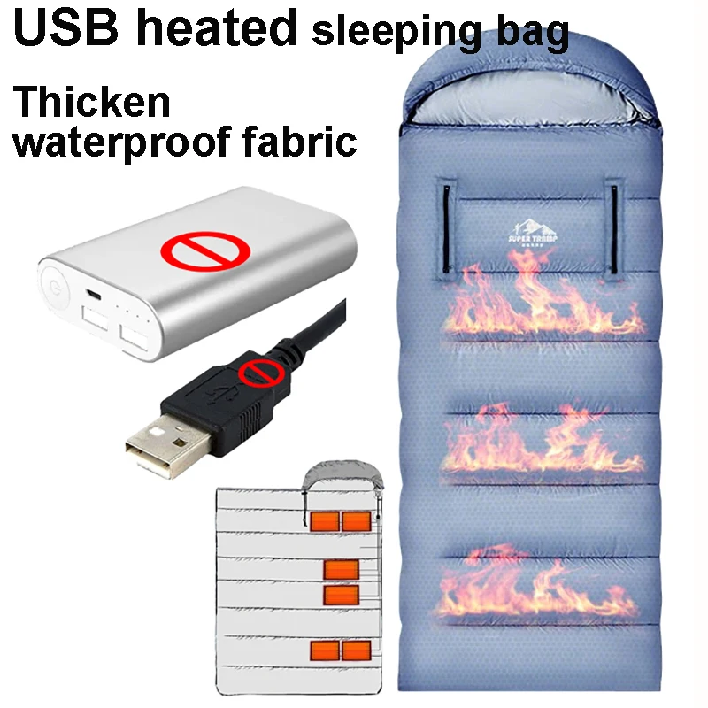 

Thickened USB Heating Sleeping Bag Camping Hiking Connection To Power Bank Winter Autumn Sleeping Bag Outdoor Survival Camp Gear