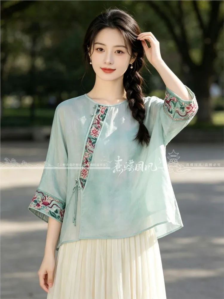 New Chinese-style heavy silk and three-quarter sleeve top for women round collar button-down slanted lapel loose dress