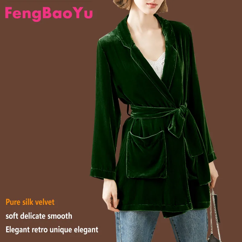 Fengbaoyu-Women's Velvet Shirt, Ladies Coat, Feminine Fashion, Dark Green, Retro, Medium-Length, Suit Collar Tops, Spring Autumn