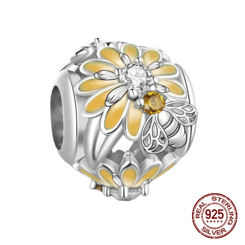 925 Sterling Silver bee jar bee beads yellow daisy flower pandent Charm Fit 4MM hole diameter Bracelet DIY Bead Ms Jewelry Gift