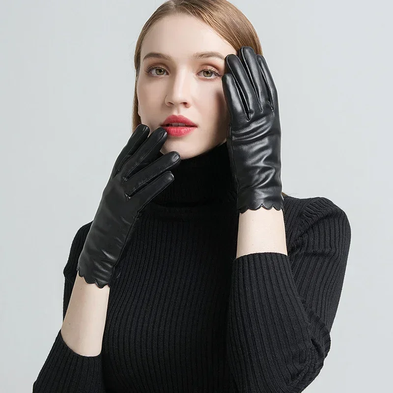 GOURS Winter Real Leather Gloves Women Black Genuine Sheepskin Touch Screen Gloves Fleece Lined Warm Fashion New Arrival GSL070