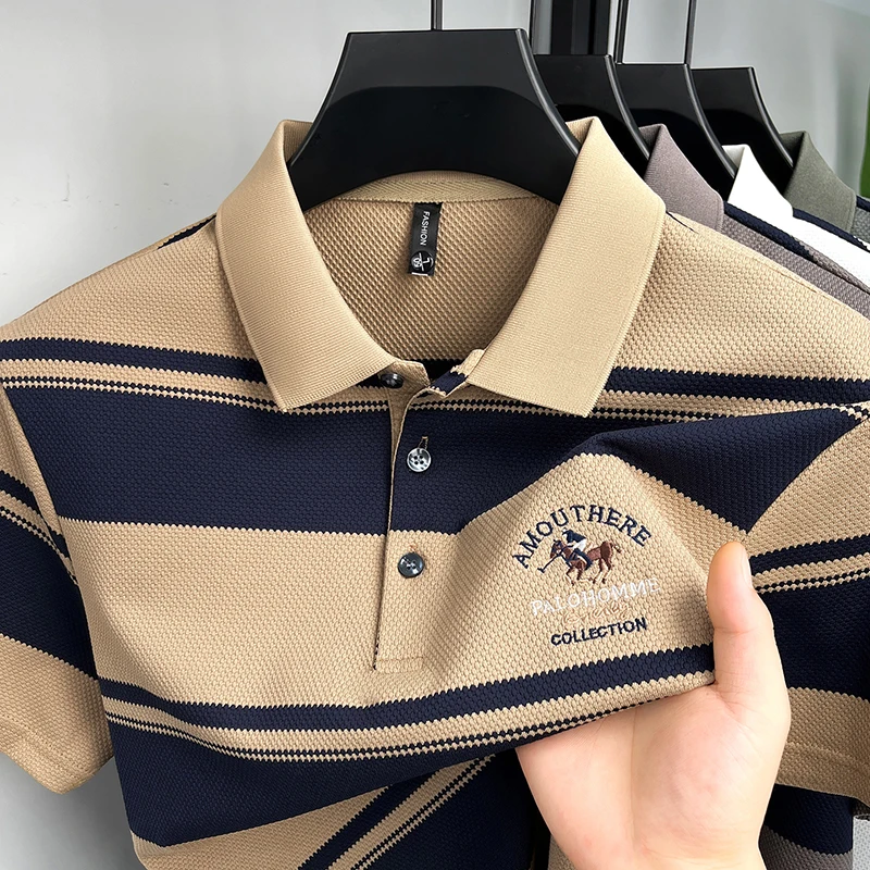 Luxuriöses Sommer-Herren-Poloshirt mit Kurzen Ärmeln, Kragen und Knöpfen, Hochwertige Stickerei, Modische Streifen, Atmungsaktive Herrenkleidung – Detail 13