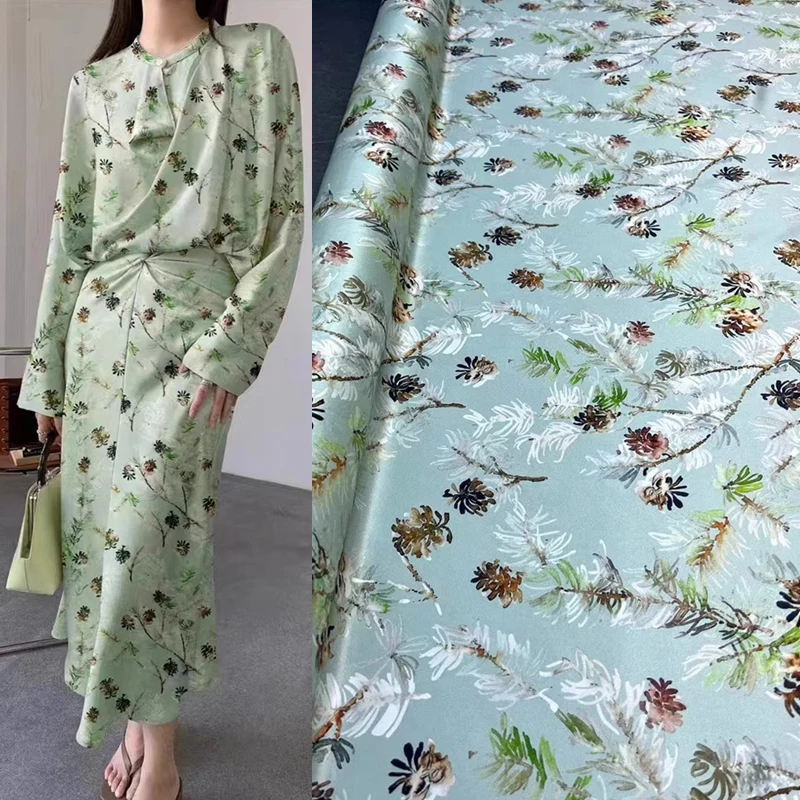 Fashion Celebrity Style Green Bottom Printed Twill Silk Elastic Silk Fabric Shirt Luxury Dress Shirt Clothing Chiffon Fabric Div