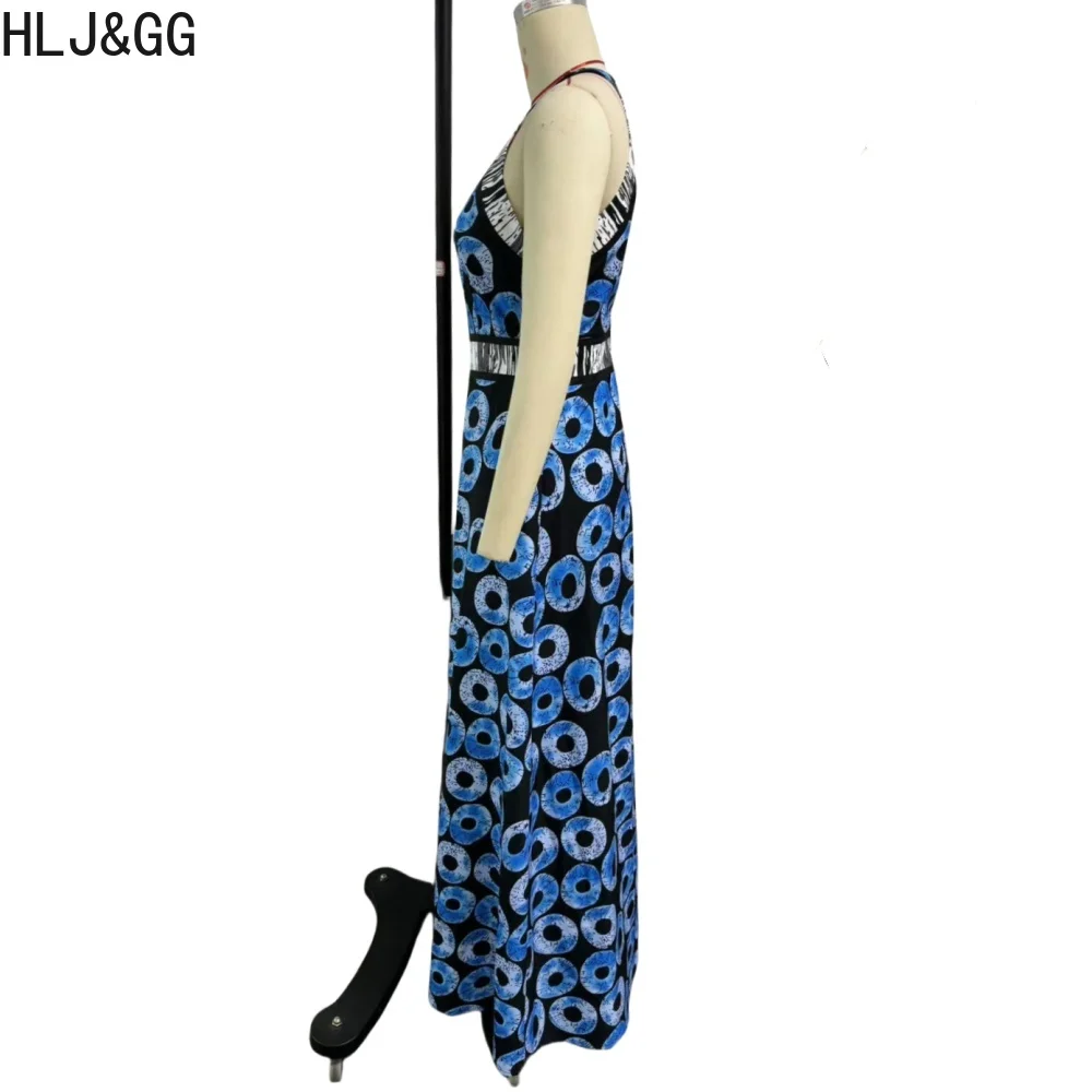 HLJ & GG-vestido largo elegante con estampado Retro azul para mujer, vestido largo acampanado con cuello redondo sin mangas, ropa con abertura para oficina, primavera 2025