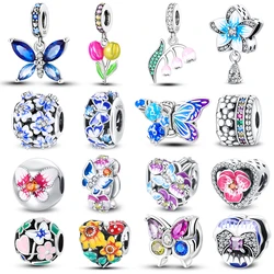 100% 925 Sterling Silver Butterfly Flower Blue Zircon Charms Beads Fit Qikaola 925 Original Bracelets Exquisite DIY Jewelry Gift