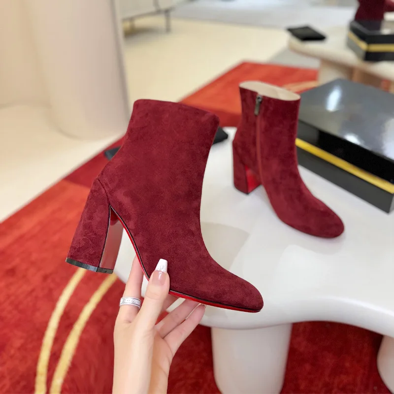 

Square 85mm Beveled Heel Leather Simple Chunky Heel Zipper Retro Boot Square Toe Red Sole Boots Stylish Lines Insoles City Shoes