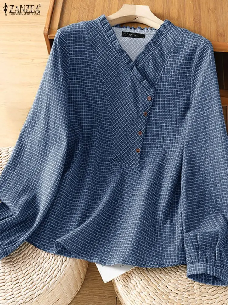

ZANZEA Casual Plaid Women Blouses Spring 2026 Long Sleeve Ruffled V-Neck Half-buttons Gingham Checked Tops Vintage Woman Clothes
