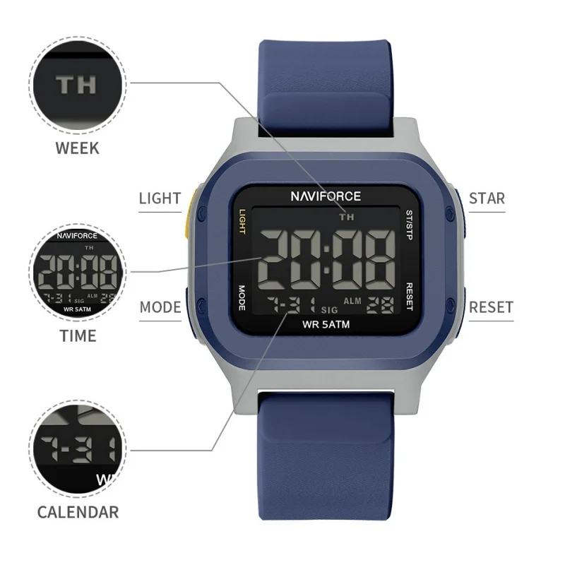 New NAVIFORCE Men's Sport Watch 50M Waterproof Shockproof Night Light Calendar Display Silicone Strap Fashion Wristwatch