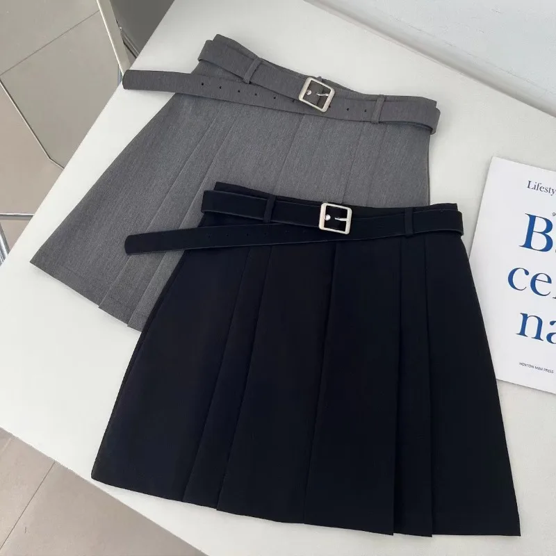 Short Skirt A-line Pleated Skirt Belt Grey Female Spring New High Waisted Anti Glare Appear Thin Pleats Y2k Fold Korean Style