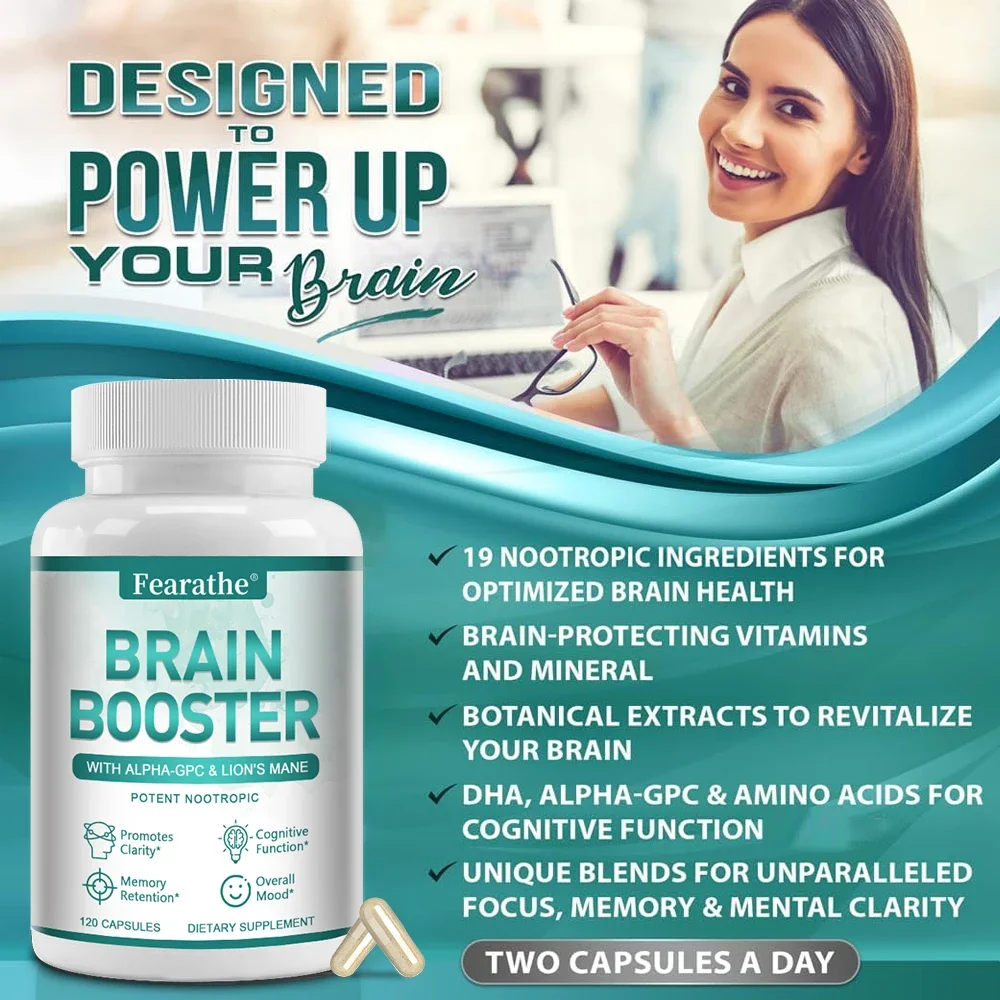 Brain Supplements - Brain Booster for Attention, Memory and Mood - Alpha-GPC, Lion\'s Mane Mushroom, Ginkgo Biloba and Purslane