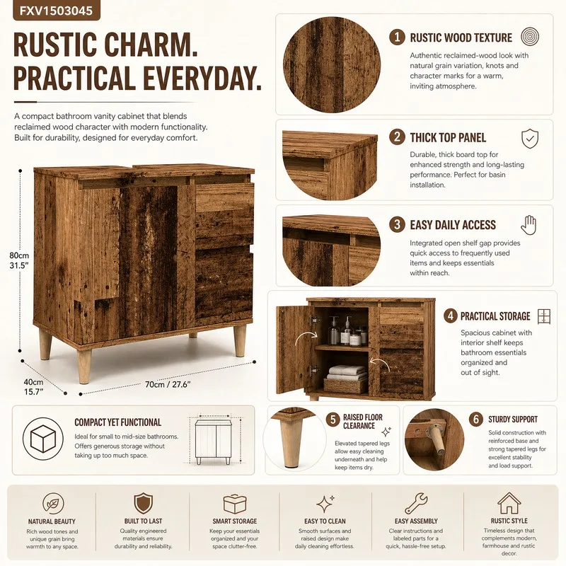 Immagine 3: Mobile Lavabo Stile Antico 65x33x60cm, Legno Resistente, Facile da Pulire