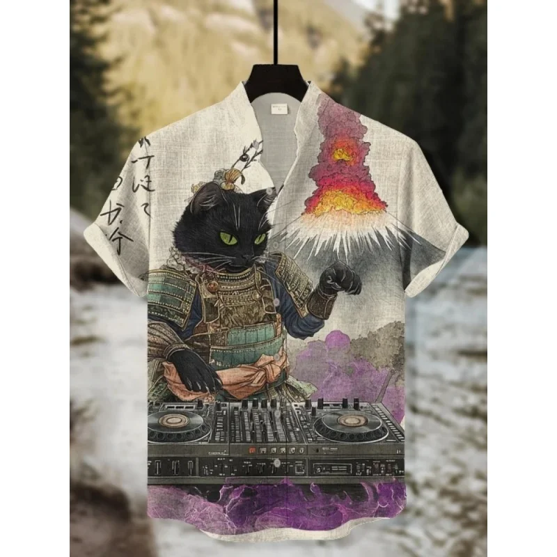 Men's Black Cat Warrior DJ Volcanic Eruption Print Short Sleeve Shirt Stylish Harajuku Hip hop Man Clothings Retro Stand Collar