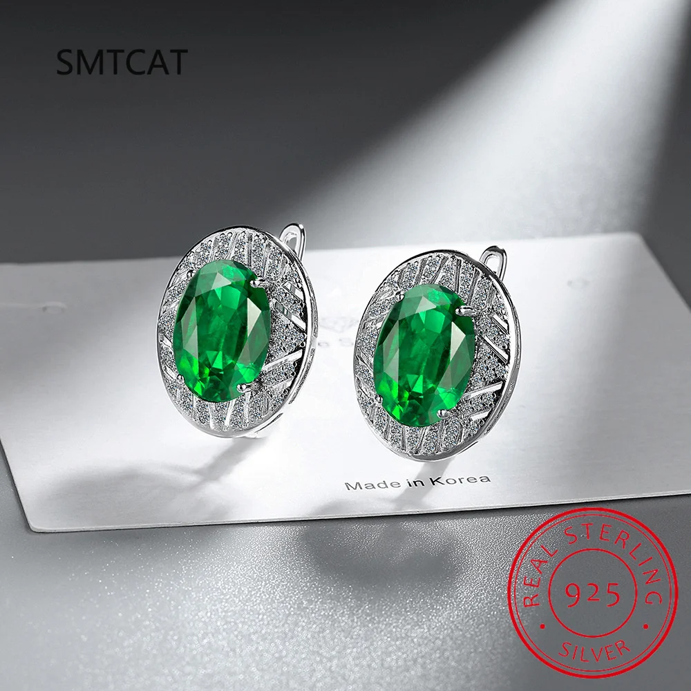 

Серьги-кольца овальной огранки с зеленым имитацией нано-изумруда 925 пробы для женщин, массивные ювелирные изделия из высокоуглеродистого драгоценного камня Huggies