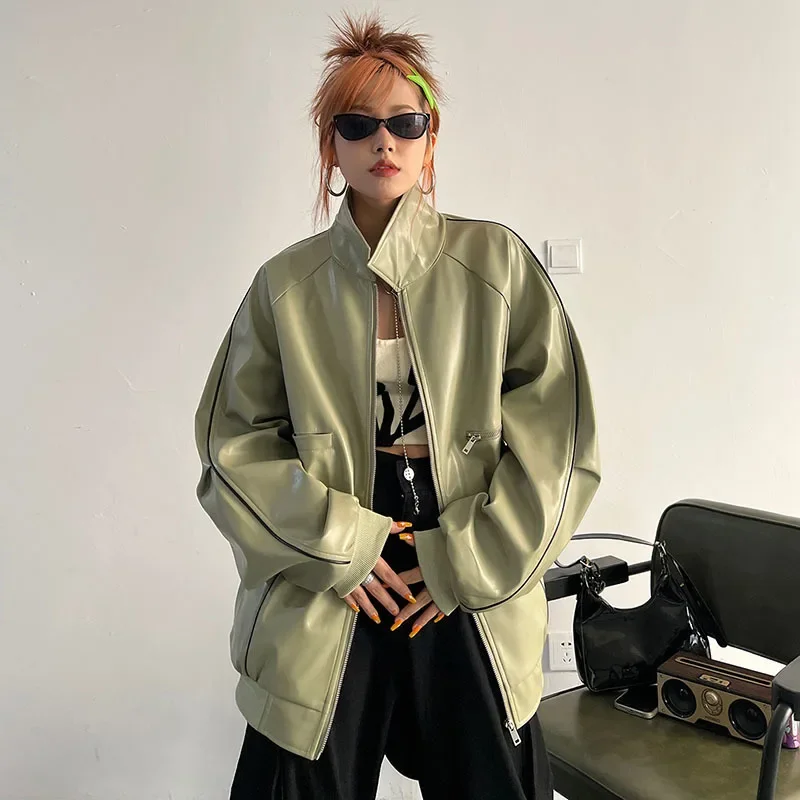 화이트 블랙 라이트 그린 가짜 PU 가죽 코트 루즈 스탠드 칼라 긴 소매 봄 가을 여성 streetwear 패션 바이커 자켓