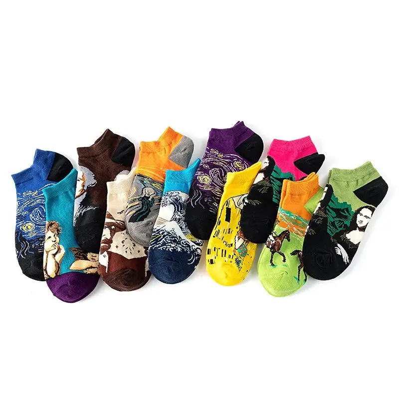 1Pair Funny Van Gogh Oil Painting Casual Ankle Socks Fashion Colorful Harajuku Animal Fruit Cotton Men women Socks low cut sox