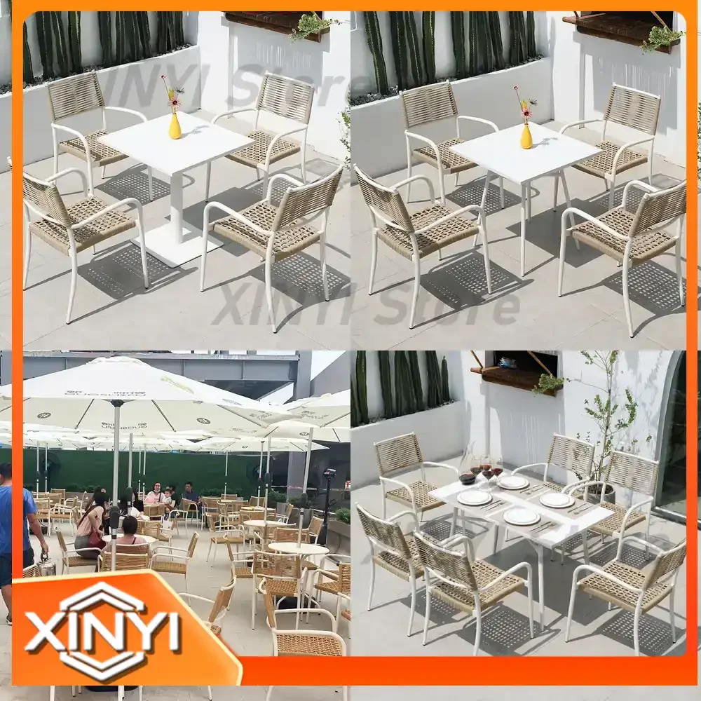 Outdoor Table and Chair Set with Umbrella for Garden Patio Cafe and Bubble Tea Shop White Rattan Furniture for Outdoor