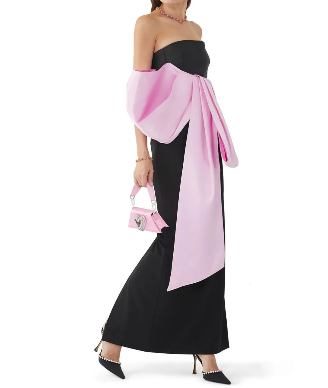 

Customized Elegant Long Black&Pink Crepe Evening Dresses with Slit/Bow Sheath فساتين السهرة Ankle Length Prom Dress for Women