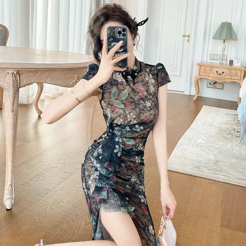 Summer New Women's Clothing Retro Design Ruffled Lace Improved Cheongsam Dress