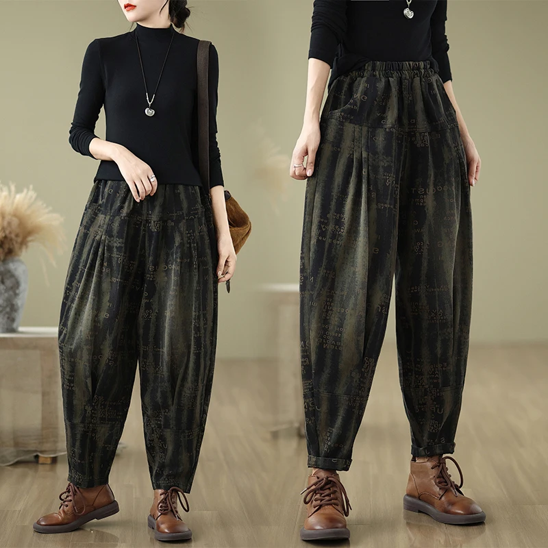 Retro Taille Denim Jeans Herbst Winter Große Größe frauen Elastische Taille Casual Harlan Hosen Karotte Hosen Brief Drucken