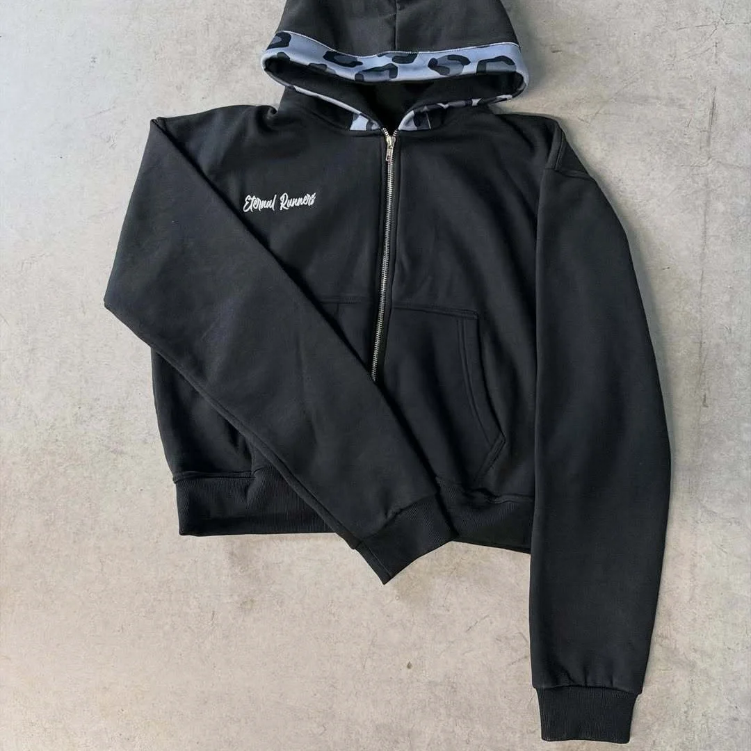 

Минималистичная куртка с капюшоном и надписью Y2K, эстетичная темно-синяя куртка с леопардовым узором и съемной кепкой с полями, модная универсальная уличная мода