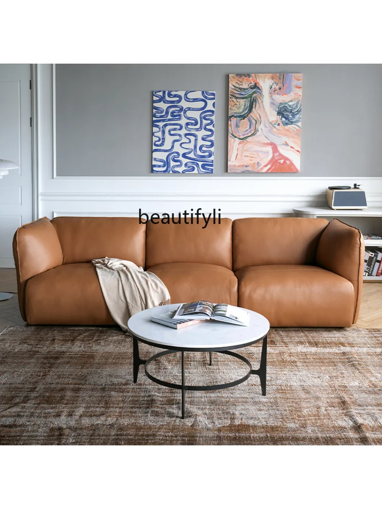 Furniture Leather Sofa First Layer Cowhide Italian Minimalist Modern Light Luxury Living Room Full Leather Sofa  modern sofa