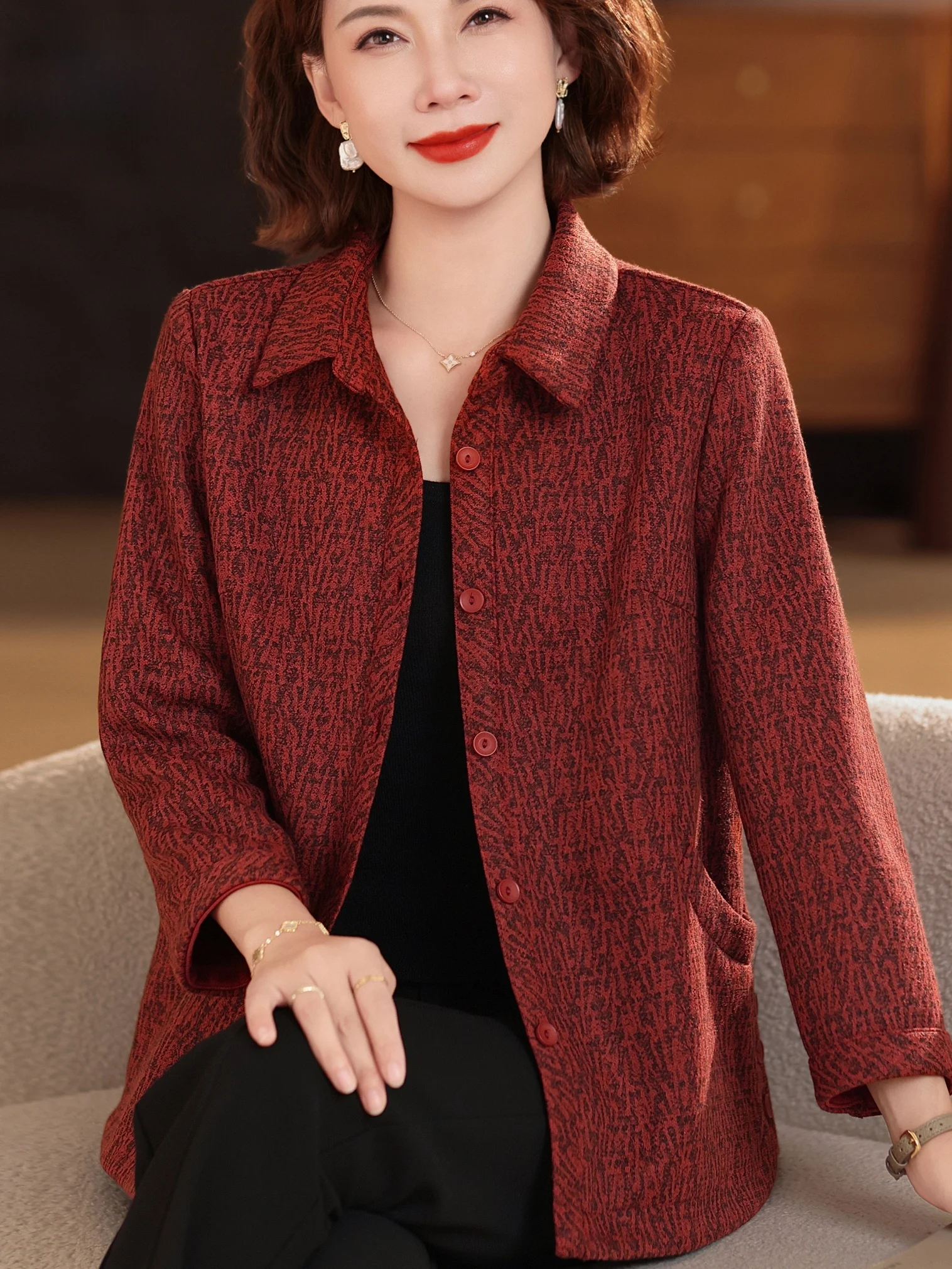 

Ele Floral Print Long Sve irt для женщин среднего возраста с воротником-стойкой Nine Points Sve Верхняя одежда Faionable And