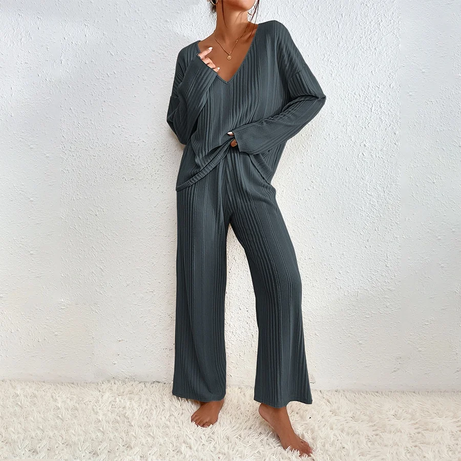 

Autumn Winter Ladies Home Clothes Set Long Sleeve Long Pants Two Piece Set Ribbed Warm Home Sleepwear Cross-Border
